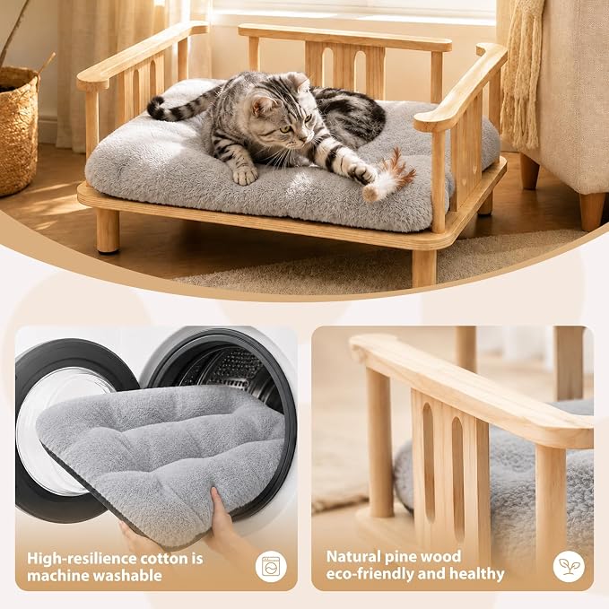 Summark Elevated Cat Couch & Dog Sofa, Solid Wood Raised Pet Bed with Machine Washable Plush Mattress, Indoor Cat Furniture for Cats & Small Dogs, Supports Up to 60 lbs