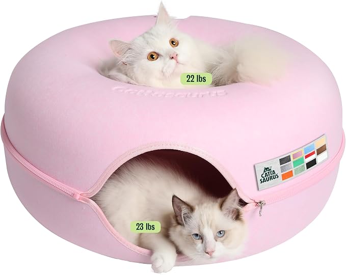 Peekaboo Cat Cave Donut for Multiple & Large Cats up to 30-45 lbs, 3-in-1 Self Warming Cat Bed, Tunnel & Scratcher for Indoor Cats, Washable & Detachable Small Dog Bed (Pink, Large)