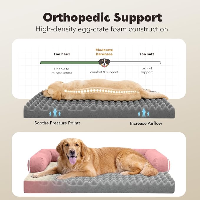 Orthopedic Comfy Pet Sofa Dog Bed with Bolster for Small Dogs Cats | Pillow Support for Neck Relief, Egg Crate Foam, Skin-Friendly Surface, Waterproof Liner, Anti-Slip Bottom, 24 x 18 Inch