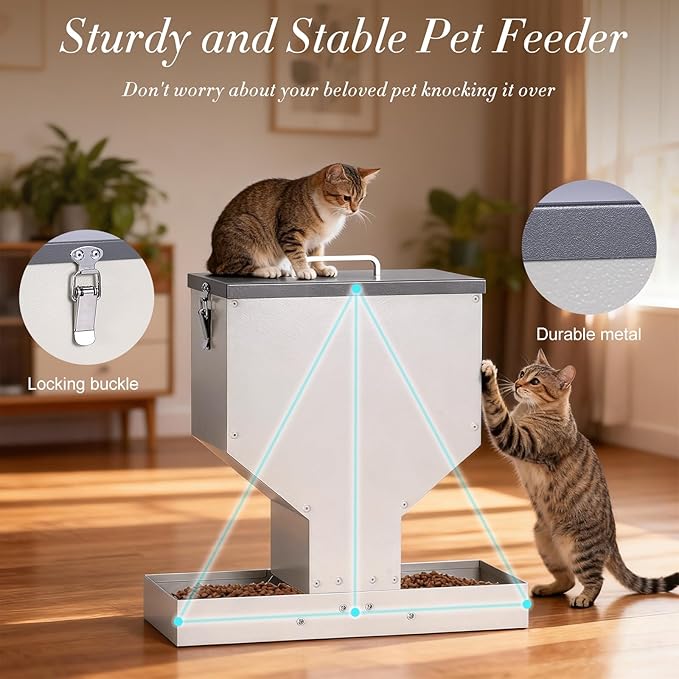 Automatic Cat Feeder 2 Cats Gravity Dual Cat Feeder Auto Dry Food Dispenser with Strong Anti-Jam Galvanized Steel Pet Food Station Indoor & Outdoor