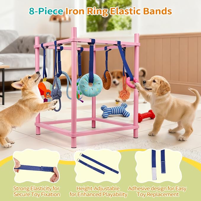 Wooden Puppy Play Gym for Small Dog with 8 Hanging Toys, Pink Frame | Wood Puppy Jungle Gym Indoor & Dog Enrichment Toys for Puppies 0-6 Months