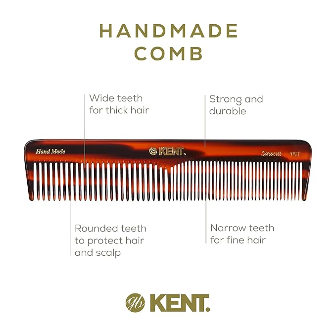 Kent 16T Tortoise Fine and Wide Tooth for Daily Grooming,Handmade Styling Comb for All Hair Types,Wet or Dry Hair Detangling Comb for Men and Women,Saw Cut Hand Polished,Made in England