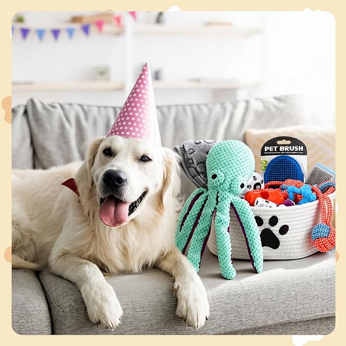 Zopeal 17 Pcs Summer Puppy Gift Set, Dog Toy & Essentials Bundle with Chew Toys, Poop Bag Dispenser, Grooming Brush, Training Bell, Blanket & Rope Basket(White,Octopus)