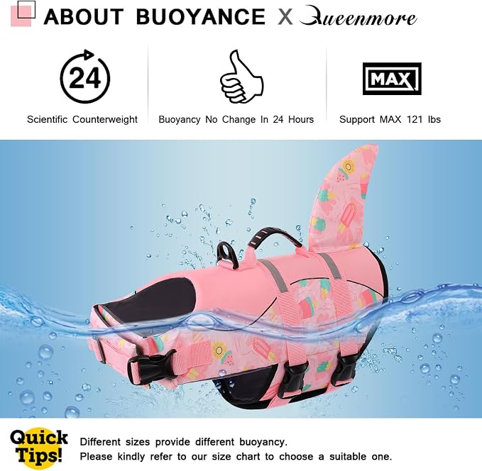 Dog Life Jacket High Flotation, Reflective Dog Life Vests for Swimming, Adjustable Dog Life Preserver Rescue Handle Spring Summer Pool for Small, Medium, Large Dogs (Pink Ice Cream,XL)