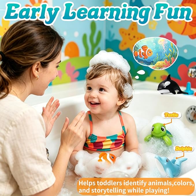 Mold Free Bath Toys - 6 Pcs Ocean Baby Bath Toys for Kids Ages 1-3, No Hole Design Keeps Moisture Out, Toddlers Learn Sea Animals with Bathtub Soft Squeeze Toys, Pool Toy