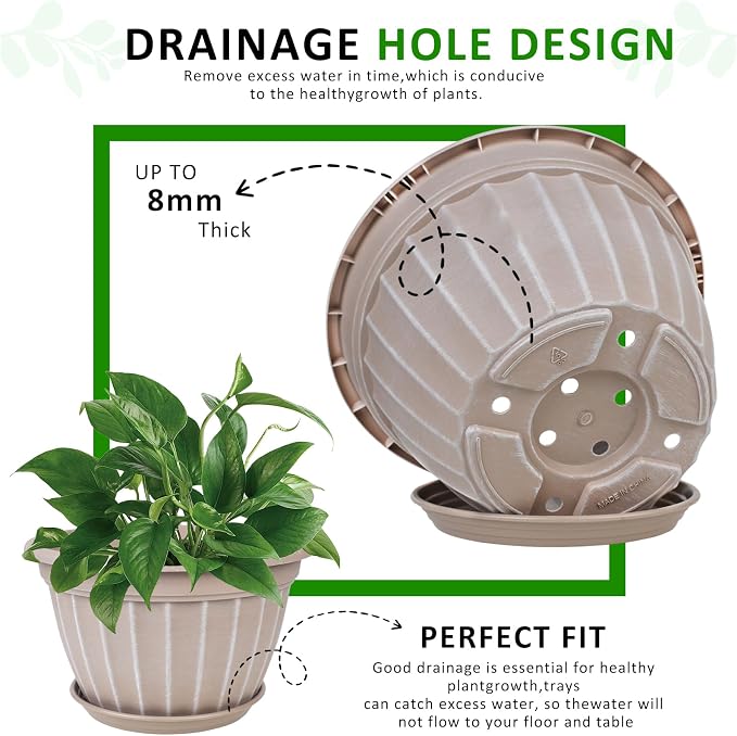 FGstyle 4 Pack Flower Pots,8 Inch Plants Pot,Planters Pot with Drainage Hole & Saucer,Modern Planters for Indoor Outdoor Plants,Decorative Resin Garden Pots for Outdoor Indoor Home Plants (Beige)
