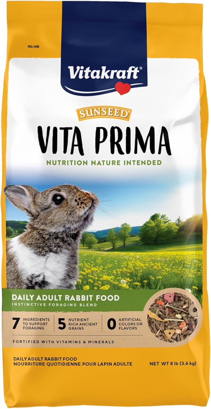 Vitakraft Sunseed Vita Prima Daily Adult Rabbit Food 8 lb Bag with Timothy Hay Pellets Vegetables and Fruits Providing Wholesome Daily Nutrition for Happy Healthy Rabbits