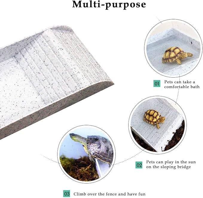 kathson Reptile Tortoise Turtle Feeding Dish with Ramp and Basking Platform Plastic Turtle Food and Water Bowl Also Fit for Bath Horned Frogs Lizards Amphibians(White, Emulational Granite)