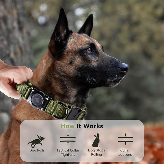 2026 Upgrade Waterproof AirTag Dog Collar, Military Tactical Dog Collar with AirTag Holder, Comfortable Control Handle and Metal Buckle, GPS Dog Collar Holder for Medium to Large Dogs (ArmyGreen, M)