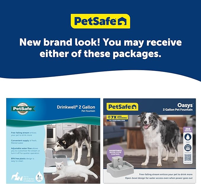 PetSafe Oasys Pet Fountain, 2 Gallon/256 oz, Dogs & Multi-Pet Homes | Adjustable Water Flow, Open-Bowl Design Keeps Water Available in Outages, Dishwasher-Safe, Filter Included