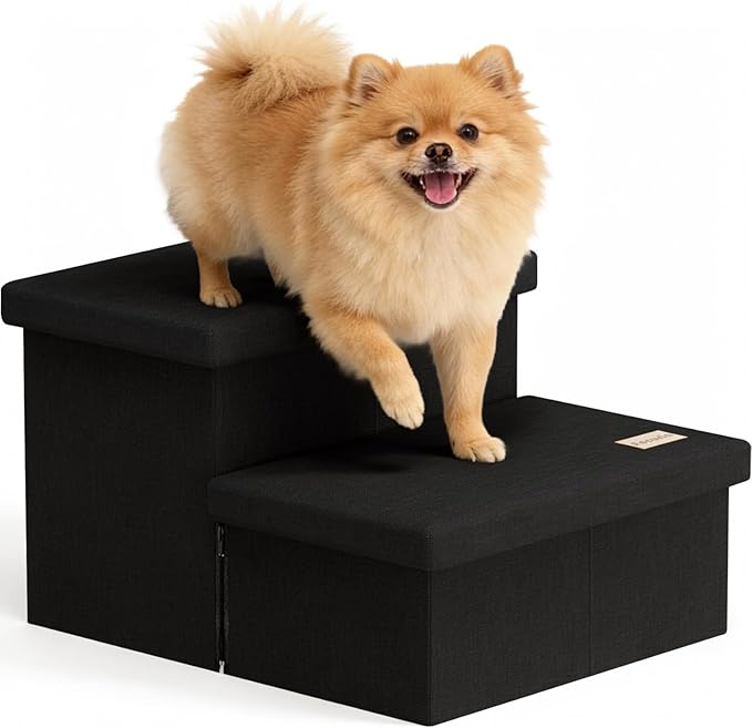 2-Step Wide Dog Stairs with Storage 11" H, Non-Slip Sturdy Pet Steps for Couch Chair, Dog Steps for Small/Medium Old Dogs, Cats, Rabbits Up to 150lbs, Foldable Cat Puppy Stairs for Car, Black