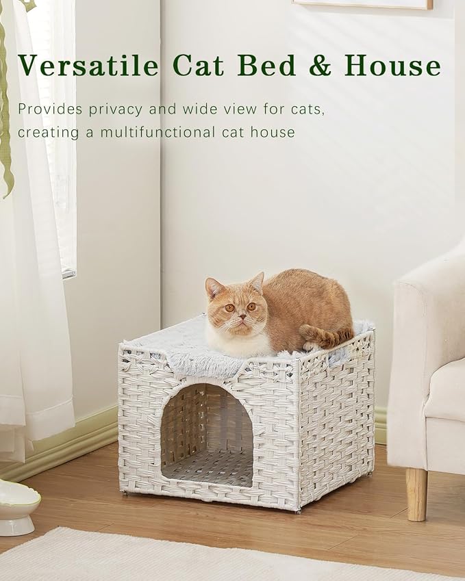 SETVSON Cat Beds Indoor Kitten House, Handwoven Rattan Cave, White | 2-in-1 Kitty Condo with Top Perch & Bottom Cave, Furry Canvas Dual Cushion, 2 S-Hooks, Steel Frame, 16.5x16.5x13.2 In