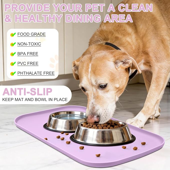 SMILOOL Waterproof Silicone Pet Food Mat with Raised Edge for Dog & Cat | 22" x 14" Non-Slip Pet Feeding Mats with Lip for Food & Water Bowl, Food Grade, Easy Cleaning, Lavender