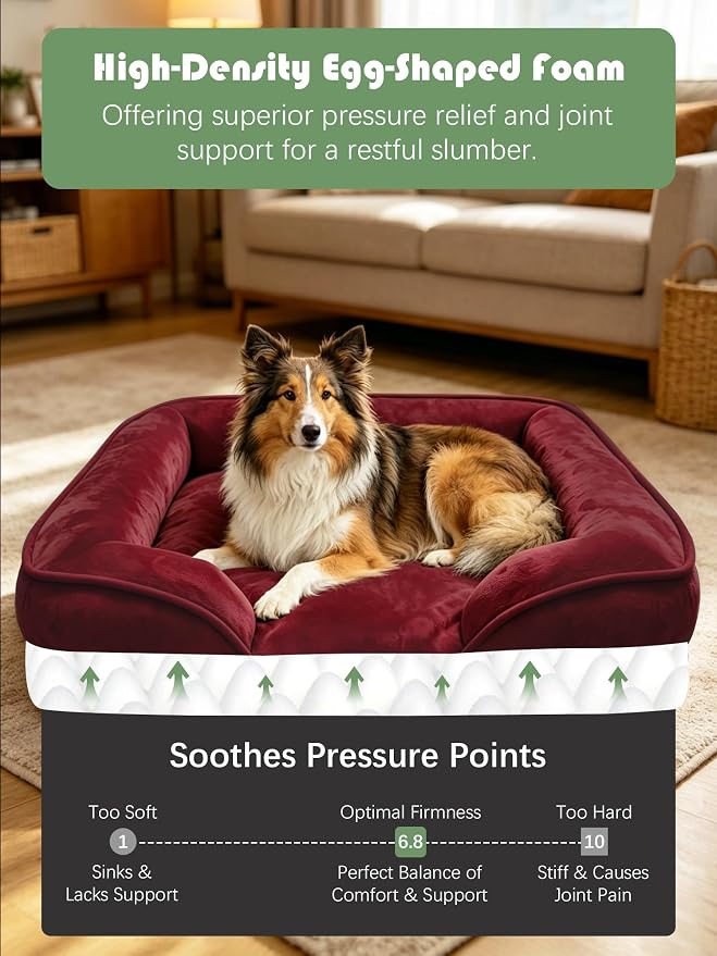 Spotted Play Orthopedic Dog Bed with Sides - Sofa Beds for Large Dogs, Supportive Foam Pet Couch Bed with Washable Removable Cover, Waterproof Lining and Non-Slip Bottom, Burgundy - L-Plus