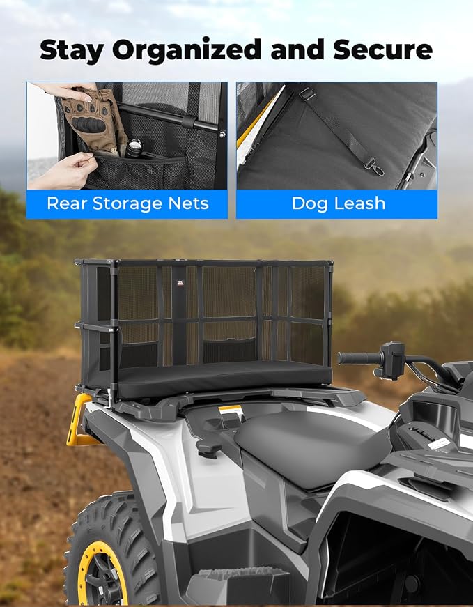 KEMIMOTO ATV Dog Carrier Seat, Heavy-Duty Four Wheeler Pet Seat | Wide 22-40mm Pipe Fit, 2.7" Breathable Comfort, 600D Wear & Water Resistance, Storage Pockets, with Dog Leash