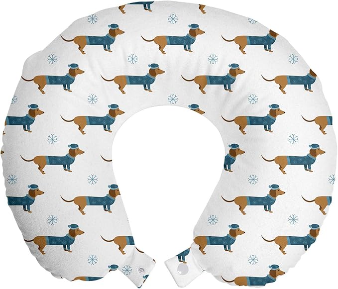 Ambesonne Dachshund Travel Pillow Neck Rest, Winter Cartoon Sausage Dog in Pullover and Snowflakes, Memory Foam Traveling Accessory for Airplane and Car, 12", Ginger Dark Turquoise