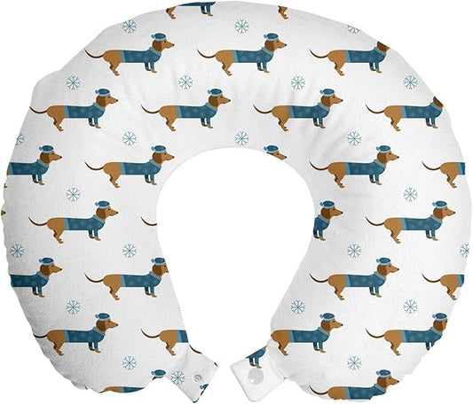Ambesonne Dachshund Travel Pillow Neck Rest, Winter Cartoon Sausage Dog in Pullover and Snowflakes, Memory Foam Traveling Accessory for Airplane and Car, 12", Ginger Dark Turquoise