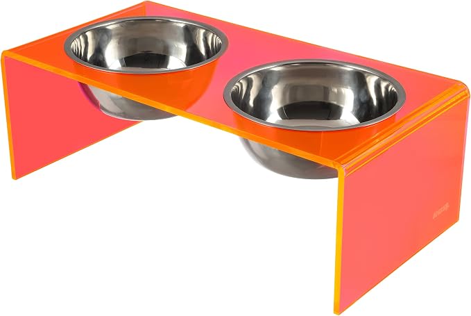 DBL2001E Keaton 7.5" Medium/Large Modern Acrylic Rectangular Elevated Pet Feeder with 54oz 2-Stainless Steel Bowls, Pink/Chrome