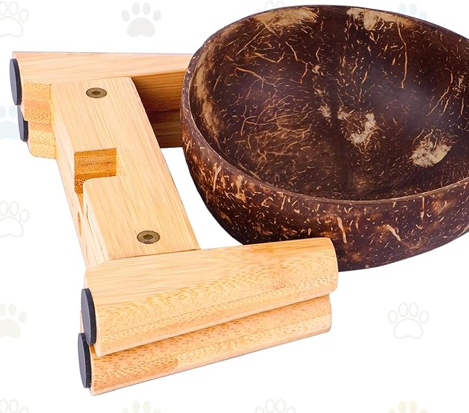Dog Bowl with Holder for Small Dog | All-Natural Coconut Shell | Raised, Elevated, Eco-Friendly Coco Bowl with Wood Stand | Water-Proof, Water Wet & Dry Food Suitable - 20-oz
