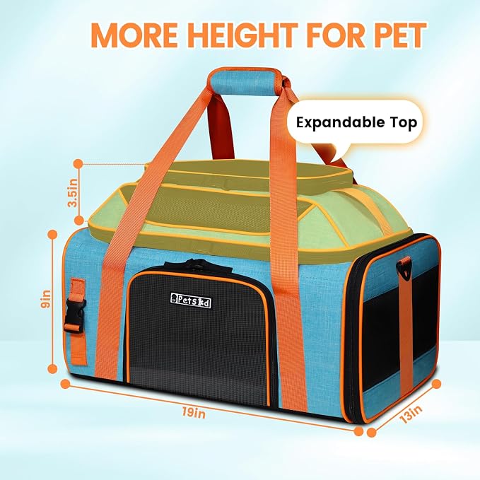 Top-Expandable Pet Carrier with Wheels Airline Approved, Blue | 19"L x 13"W x 9"H, for Southwest Allegiant Airlines, Lockable Safety Zippers and Anti-Scratch Mesh, Pets Under 12 Lbs