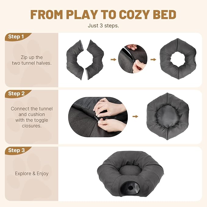 Cat Tunnel Bed for Indoor Cats, Cooling Natural Linen Cat Tunnel 29.5in | Breathable Kitten Toys Cat Tunnel with Washable Mat, Round Pet Tunnel for Kittens, Squirrels Dark Grey
