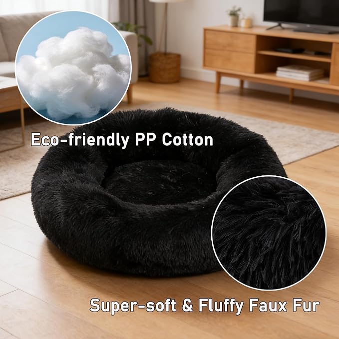Calming Donut Dog Bed Medium Size Dog - Washable Removable Cover Non-Slip Bottom, Round Pet Bed Cat Bed Warming Fluffy Plush Faux Fur Anti-Anxiety, Fits up to 45 lbs (Black, 30")