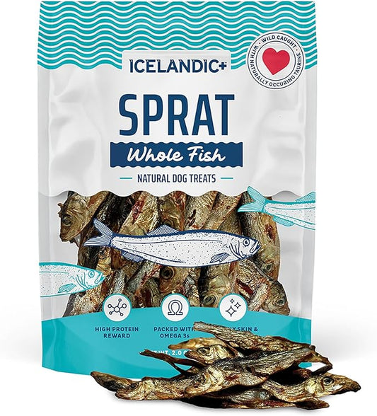 Icelandic+ Whole Fish: Sprat - 2oz Bag - Dog Treats, Wild- Caught, 2.5-3" Crunchy Air-Dried Pet Snacks, Single Ingredient, Just The Fish Nothing Else