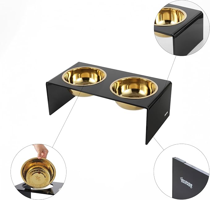 DBL2001B Keaton 7.5" Medium/Large Modern Lucite Rectangular Elevated Pet Feeder with 54oz 2-Stainless Steel Bowls, Black/Gold