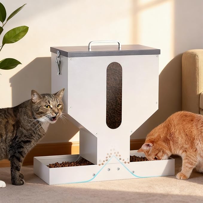 Automatic Cat Feeder 2 Cats Gravity Dual Cat Feeder Auto Dry Food Dispenser with Strong Anti-Jam Galvanized Steel Pet Food Station Indoor & Outdoor
