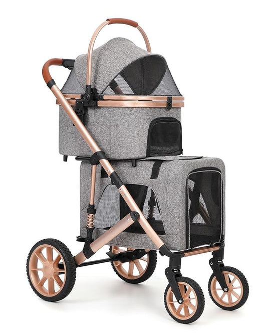 Double Pet Stroller with 2 Detachable Carriers, Shock-Absorbing | Dog & Cat Stroller for Small/Medium Pets, Convertible Car Seats, Foldable Design, 4-Wheel Smooth Ride