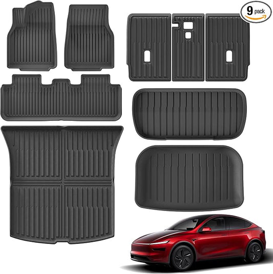 9PCS Full Set of Floor Mats for New 2025 2026 Tesla Model Y Juniper 5-Seats (Not fit Standard) All Weather TPE Front Rear Trunk Cargo Liner Backrest Mats Frunk Mat Accessories Black