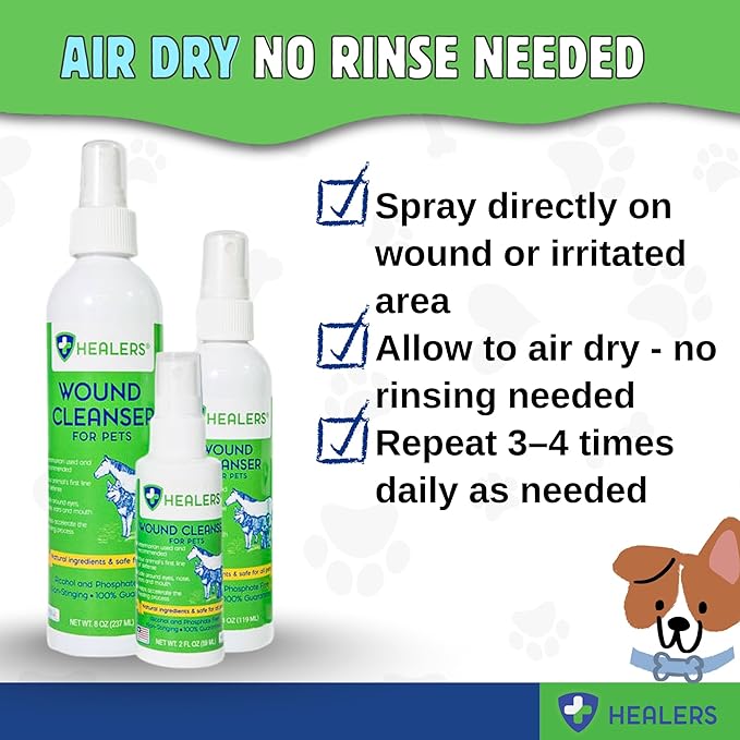 Healers Wound Cleanser for Dogs, Cats & Pets - Natural HOCl No-Rinse Spray for Cuts, Burns, Hot Spots & Skin Irritations - All Animal Wound Relief Skin Care (4oz)