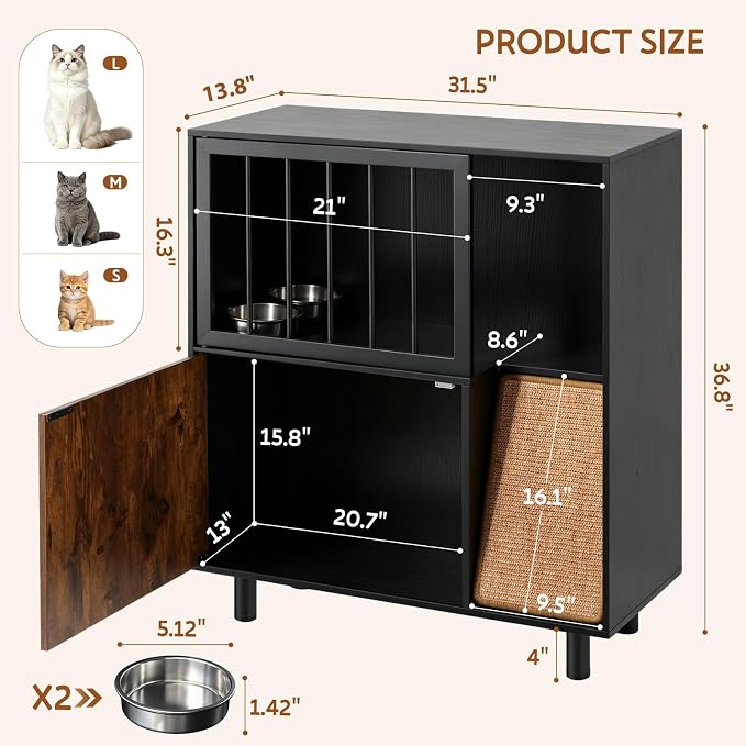 Dog Proof Cat Feeding Station with Storage Cabinet& 2 Stainless Steel Bowls, Elevated Cat Food Station with Scratching Board, Modern Wooden Cat House Furniture for Indoor Cats, Large Pet Cabinet