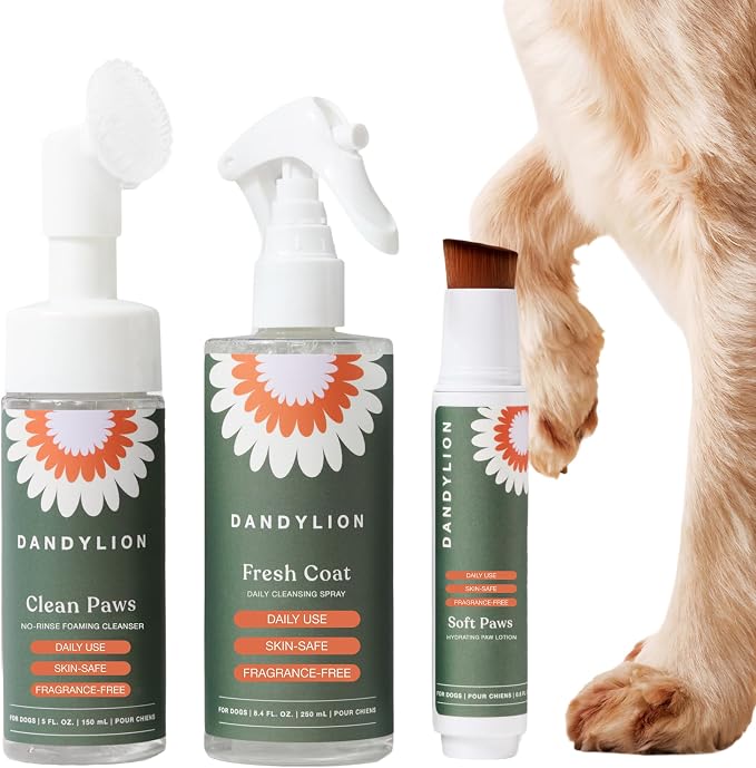Dandylion Dog Grooming Kit, Paw Cleaner, Paw Balm & Waterless Dog Shampoo | No Rinse Dog Paw Washer, Brush On Paw Moisturizer, Dry Shampoo for Dogs, Fragrance Free, All Breeds and Coat, Sensitive Skin