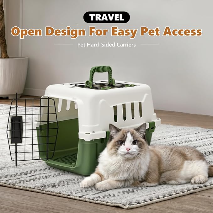 Athena Collection 18" Hard-Sided Travel Pet Carrier for Small Dogs and Cats | Plastic Dog Carriers with 2-Door Top & Front Load, Ventilation, Security Lock, Cat Dog Carrier for Pet, up to 10lbs, Green