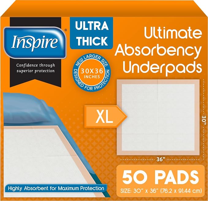 Inspire XL Super Absorbent Bed Pads for Chronic Incontinence 30 x 36 Ultra Thick 100 Grams | Bed Pads Disposable Adult Elderly Care | Chucks Disposable Underpads for Incontinence (50 Count)