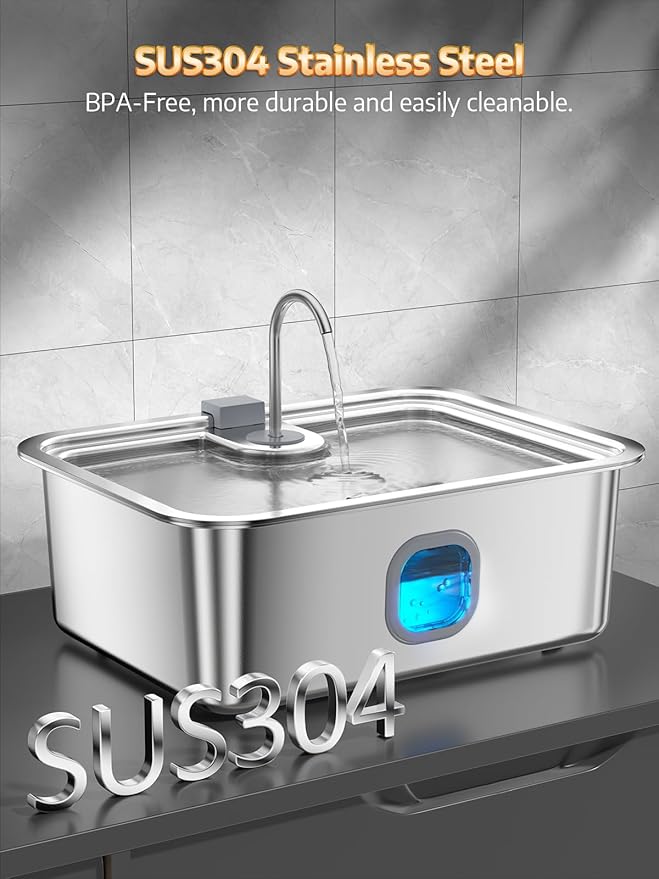 4.2Gal Dog Water Fountain for Large Dogs, 16L Stainless Steel Large Dog Fountain Water Bowl with Deeper & Wider Drinking Tray, Automatic Pet Water Dispenser with Visible Window (with 3 Filters)