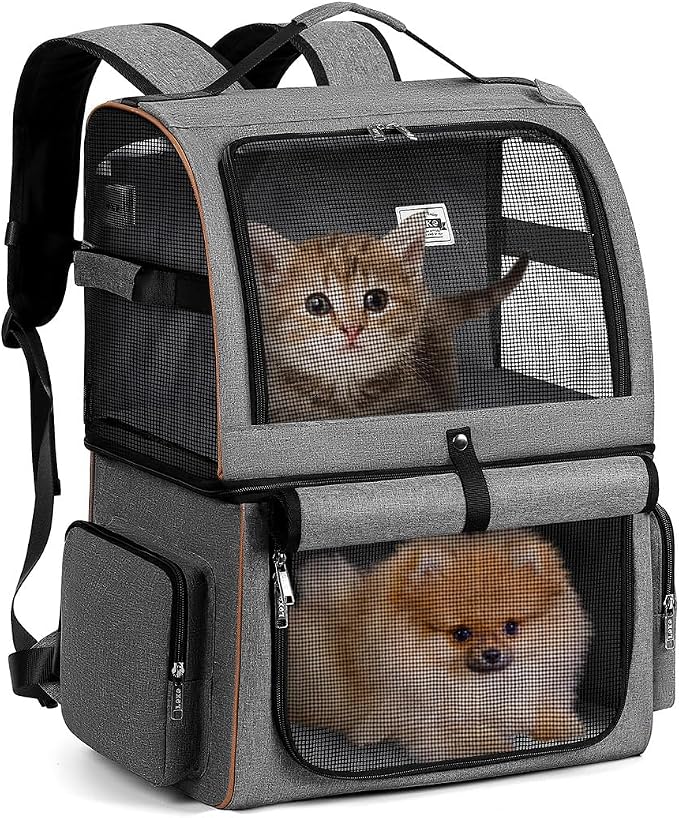 Double Cat Backpack Carrier for 2 Cats, Double-Compartment Pet Carrier Backpack for Two Small Cat or One Medium Cat, Cats Carrier Backpack Dog Carrier Backpack Fits Up to 24 Lbs,Grey