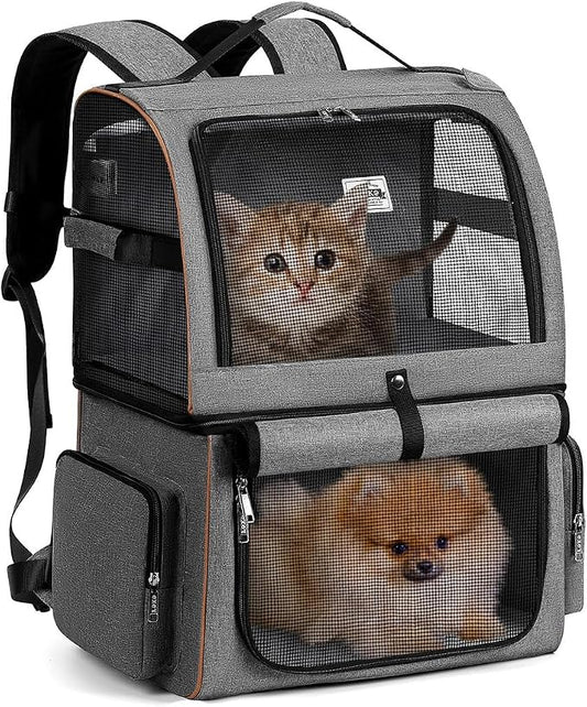 Double Cat Backpack Carrier for 2 Cats, Double-Compartment Pet Carrier Backpack for Two Small Cat or One Medium Cat, Cats Carrier Backpack Dog Carrier Backpack Fits Up to 24 Lbs,Grey