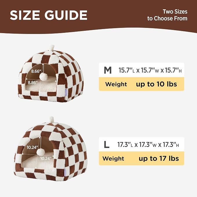 Lesure 2in1 Cute Cat House for Kitten with Washable Cushioned Pillow,17.3in | Cat Beds for Indoor Cats,Small Pet Cave Tent,Cozy Enclosed Foldable Hideaway,Fluffy Ball,Anti Slip Bottom,Hand Strap,Brown