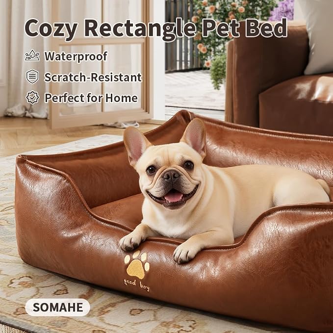 SOMAHE Waterproof Leather Dog Bed, Bolster Couch, 24x19x9 Grey | Wipe-Clean Waterproof Leather + Removable Cushion: raised bolsters create a cozy bed for small-medium dogs.