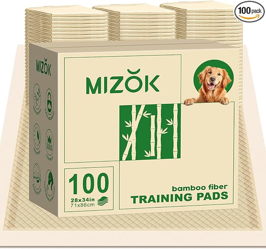 MIZOK Bamboo Dog Pee Pads Highly Absorbent No Leak X-Large 28x34in 100Ct | Thick Bamboo Fibers Instantly Absorb Liquid and Neutralize Bad Odors Keeping Your Indoor Living Space Clean and Leak Proof