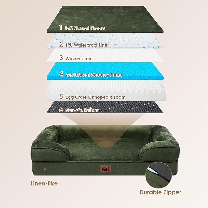 EHEYCIGA Orthopedic Dog Beds for Large Dogs, Waterproof Memory Foam Large Dog Bed with Sides, Non-Slip Bottom and Egg-Crate Foam Pet Couch Bed with Washable Removable Cover, Dark Green | Non-Slip Bottom and Egg-Crate Memory Foam XL Dog Couch Bed with W...