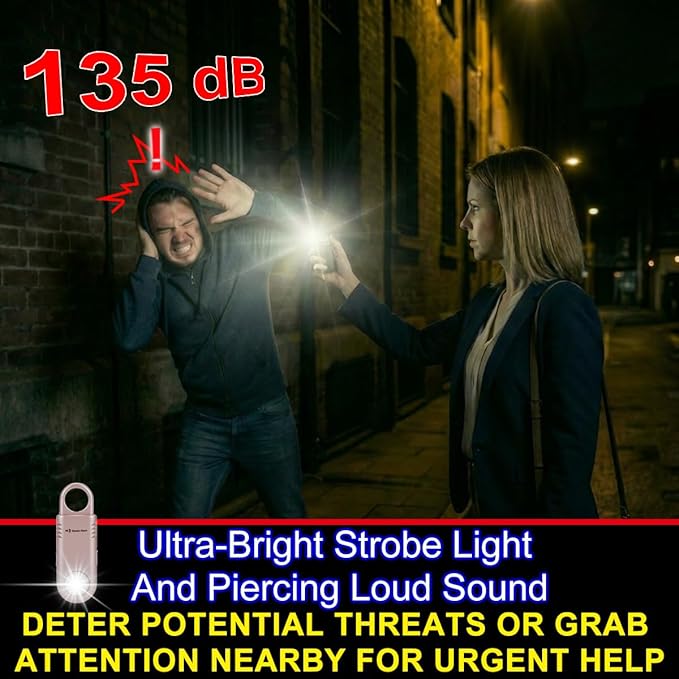 135dB Rechargeable Personal Safety Alarm Strobe Light Flashlight Keychain Siren for Women, College School Students Emergency SOS Alerts Loud Sound Torchlight Hiking Alarm Bear Deterrent. Rose Gold