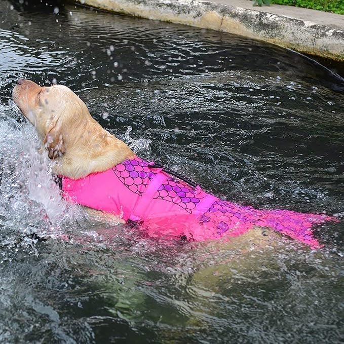 Dog Life Jacket Ripstop Shark Dog Safety Vest Adjustable Preserver with High Buoyancy and Durable Rescue Handle for Small,Medium,Large Dogs, Pink Fish Large