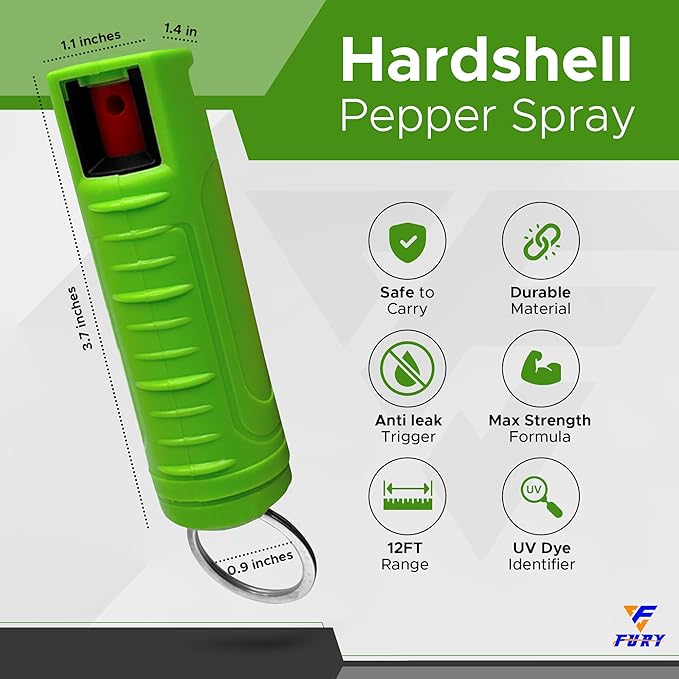 FURY Hardshell Pepper Spray - 12Ft Range, Max Strength, UV Dye Identifier, Anti-Leak & Anti-Misfire, Slidetop Trigger, Belt Clip & Key Ring, Multiple Color Options, Self-Defense Spray