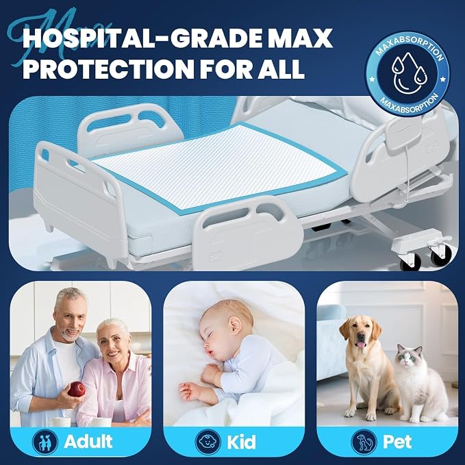 MILDPLUS Heavy Duty Underpad 36''x36'' 50 Count (Blue) | 125 Grams Extra Large Chucks Pads 3XL Disposable Bed Pads, Super Absorbent Incontinence Pads for Adults, Kids, Pee Pads