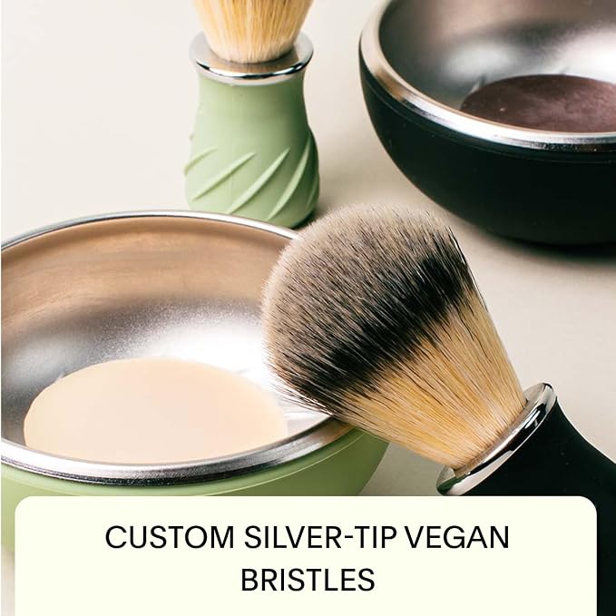 Leaf Shave Leaf Bowl and Brush Set - Grooming Bowl & Lather Brush, Sage | Stainless steel and silicone, compatible with shave soap bars and refills