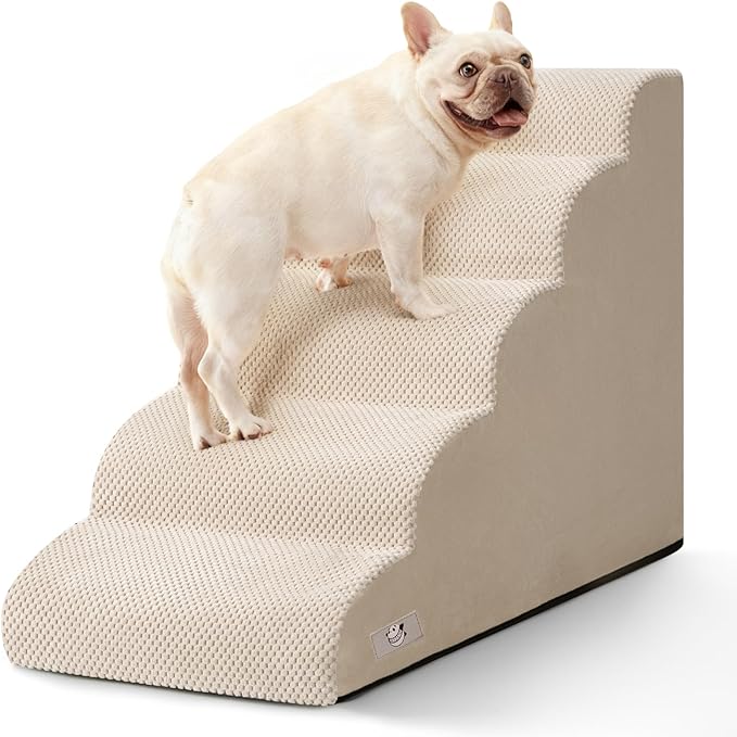 Dog Stairs for High Beds 22.4" H,5-Step Pet Ramp for Small & Medium Dogs | Airpanda Dog Steps with Washable Cover & High-Density Foam,Gentle Curved Design,Ideal for Senior & Short-Legged Dogs,Beige