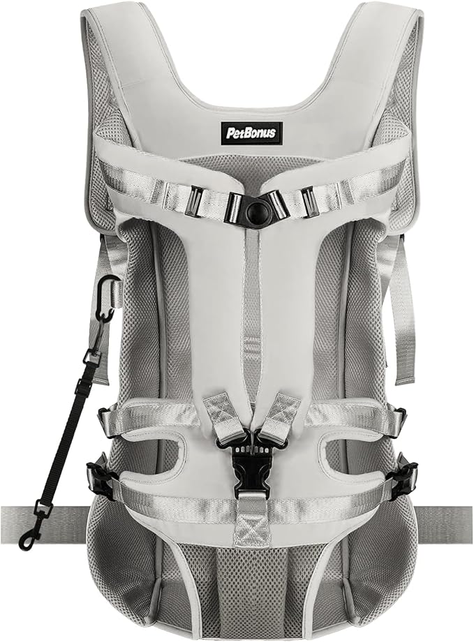 PetBonus Dog Front Carrier Backpacks, Legs Out Easy-fit Puppy Chest Carrier | Hands Free, Adjustable, Safety Strap, Walking Hiking Cycling Motorcycle bag, For Small Medium Dogs (Grey, L)
